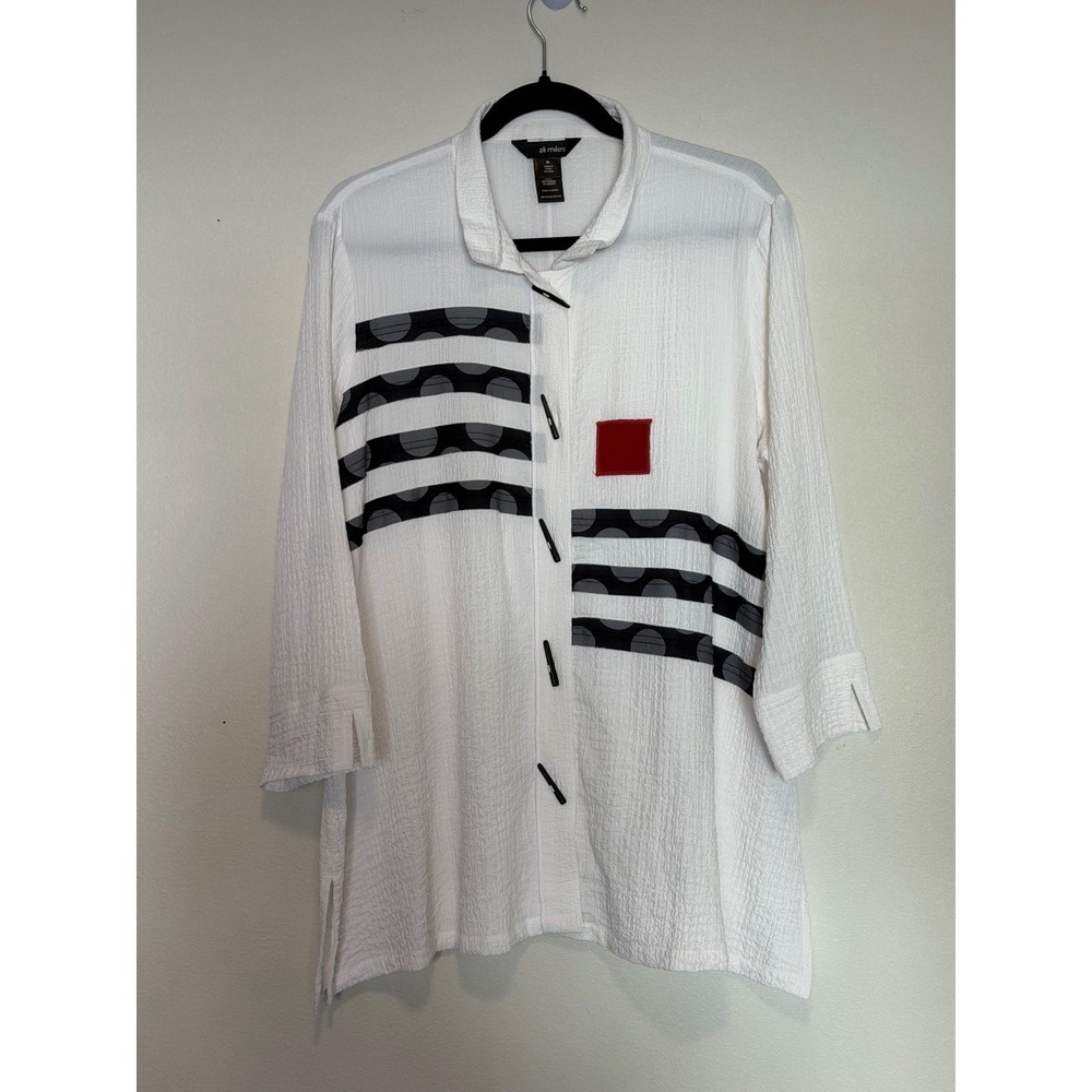 Ali Miles Women's White Textured Abstract Button Up Tunic Blouse Size M